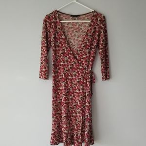 BCBG Max Azria Wrap Dress Long Sleeve V-Neck Lightweight Red Brown Extra Small